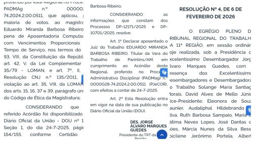 TRT-11 publica aposentadoria compulsória de juiz e consolida vacância da Vara do Trabalho de Parintins