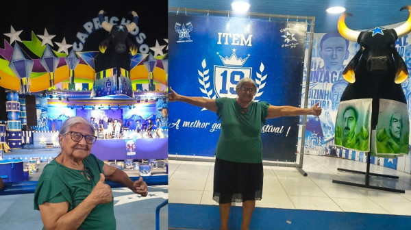 Dona Maria, a mãe dos artistas Pimentel, visita o Caprichoso