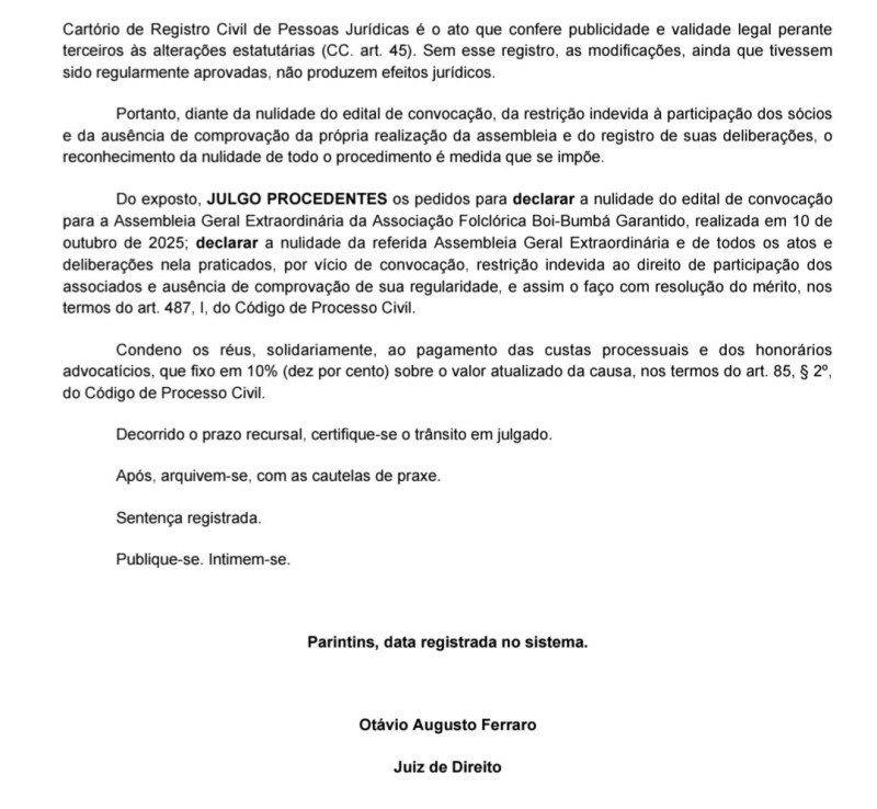 Justiça anula assembleia e mudanças no estatuto do Boi Garantido em Parintins