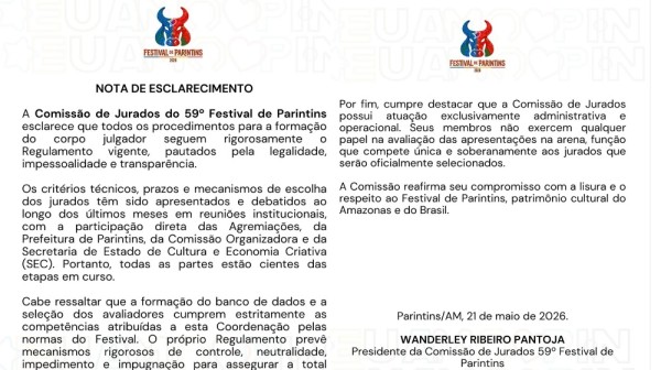 Comissão de Jurados do Festival de Parintins rebate questionamentos do Boi Garantido e reafirma transparência na escolha dos avaliadores