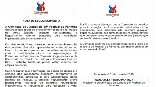 Comissão de Jurados do Festival de Parintins rebate questionamentos do Boi Garantido e reafirma transparência na escolha dos avaliadores