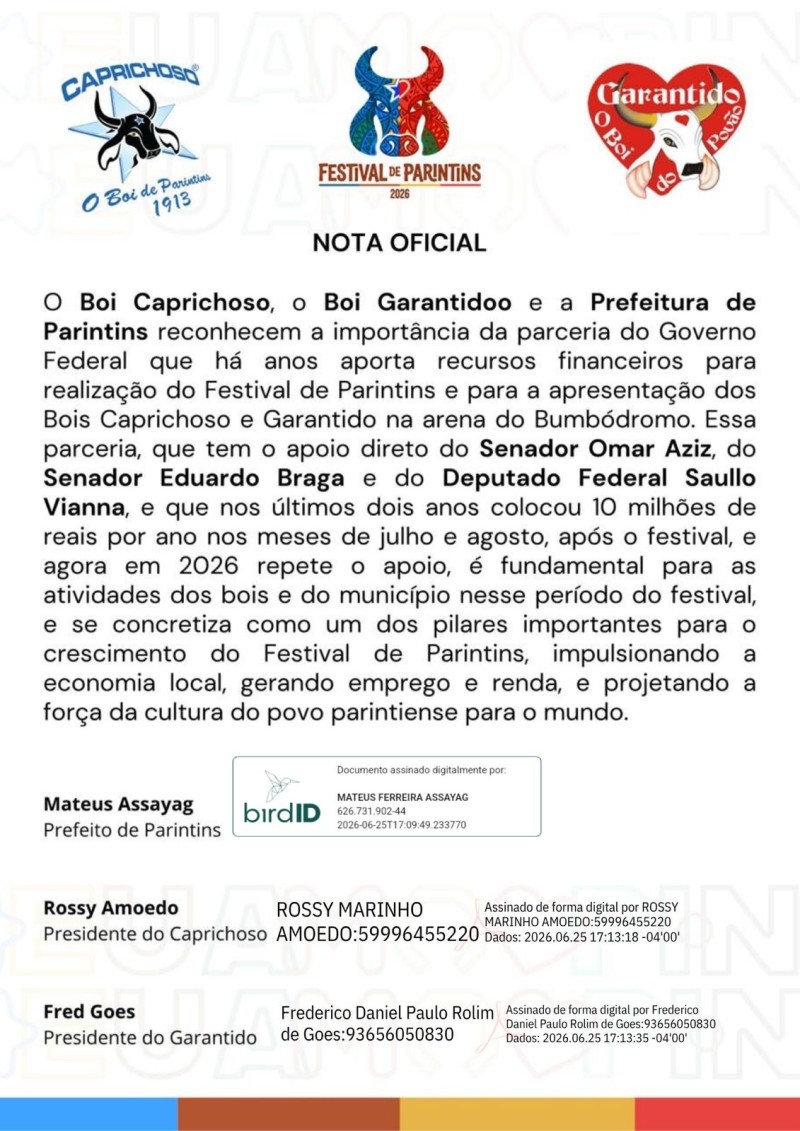 Caprichoso, Garantido e Prefeitura divulgam nota oficial e desmentem boatos sobre recursos do Governo Federal